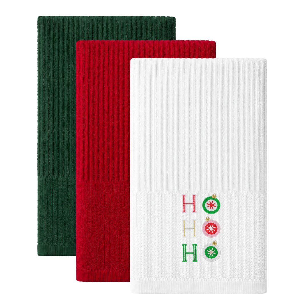 Velosso Xmas Ho Ho Ho 3 Pack Cotton Christmas Embroidered Tea Towels