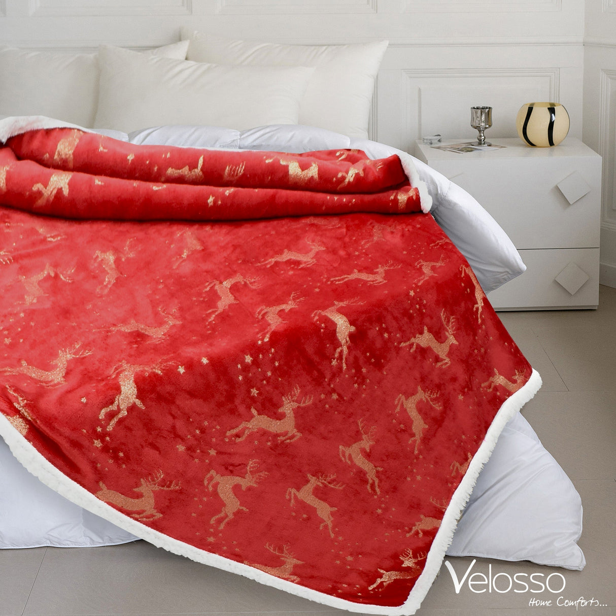 Velosso Reindeer Foil Printed Sherpa Reverse Throw Blanket