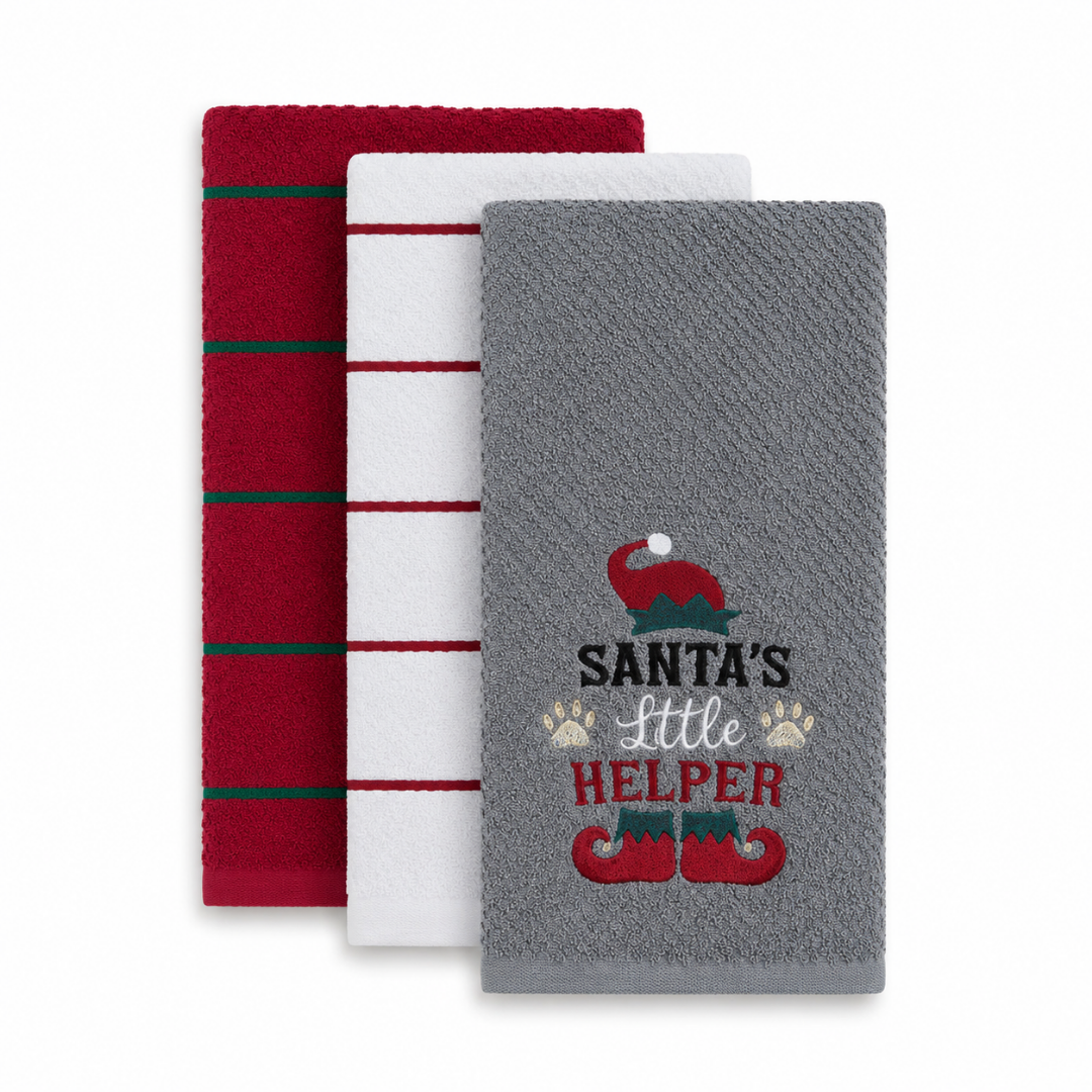 Velosso Santas Little Helper 3 Pack Cotton Christmas Embroidered Tea Towels
