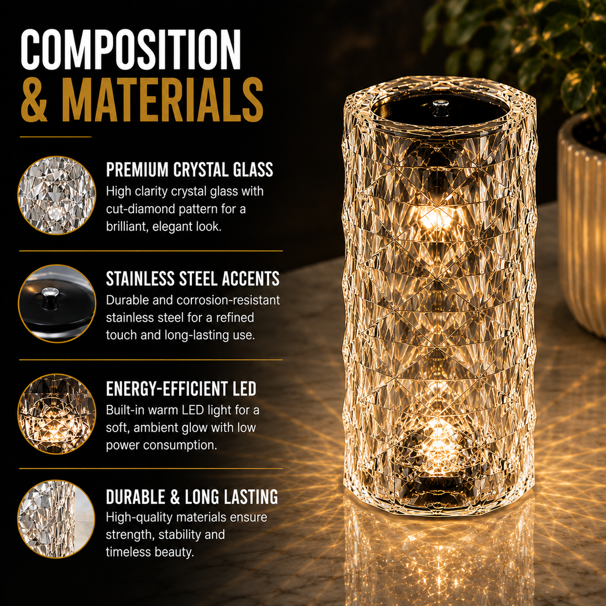 Home Republic Chargeable Crystal Effect Table Lamps