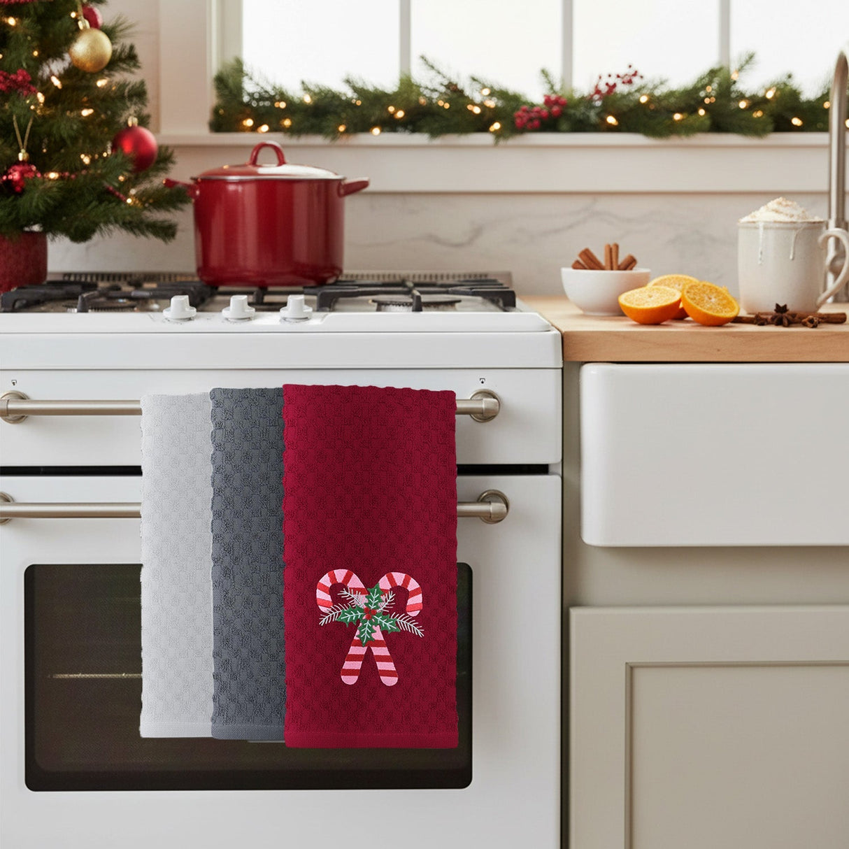 Velosso Candy Canes 3 Pack Cotton Christmas Embroidered Tea Towels