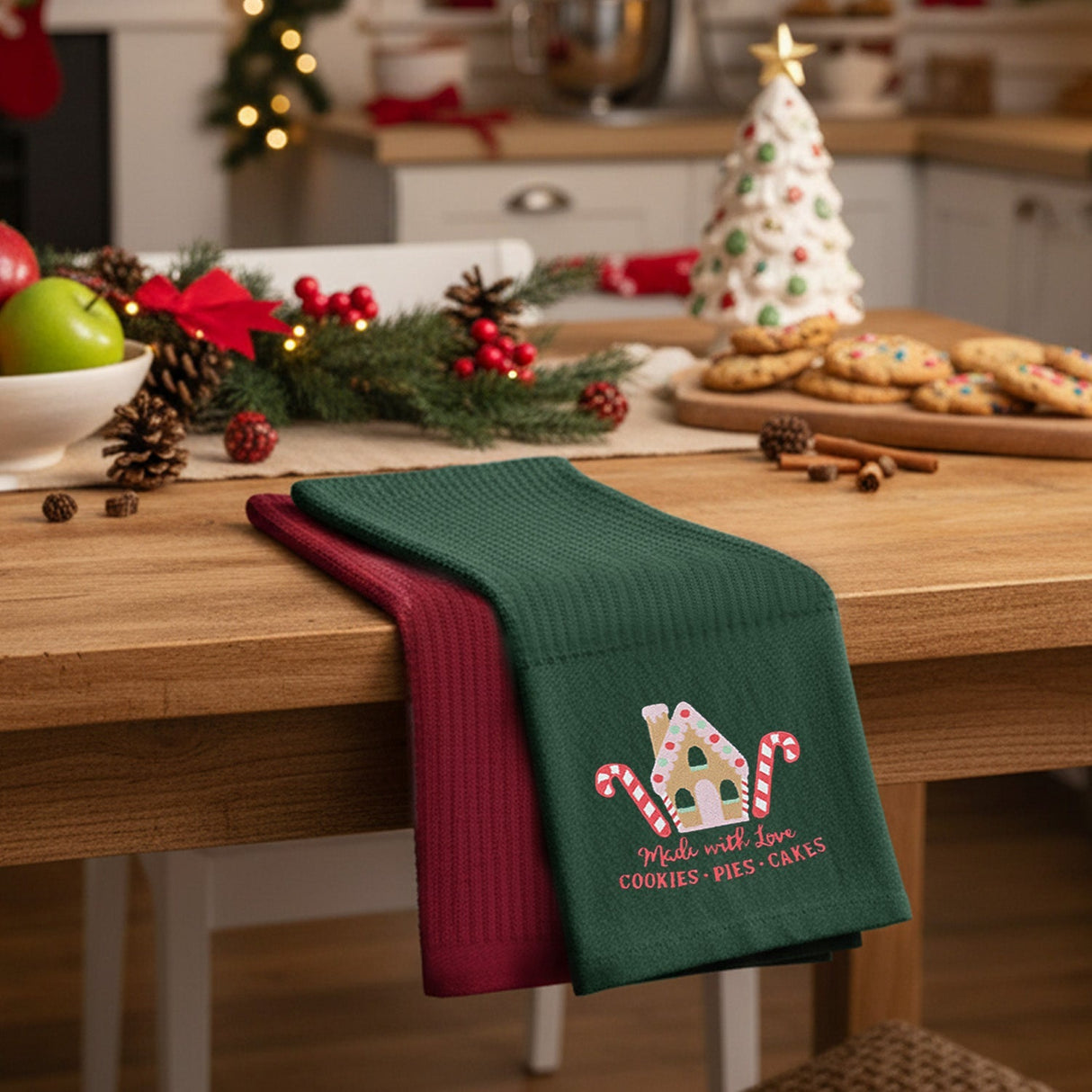 Velosso Ginegerbread House 3 Pack Cotton Christmas Embroidered Tea Towels