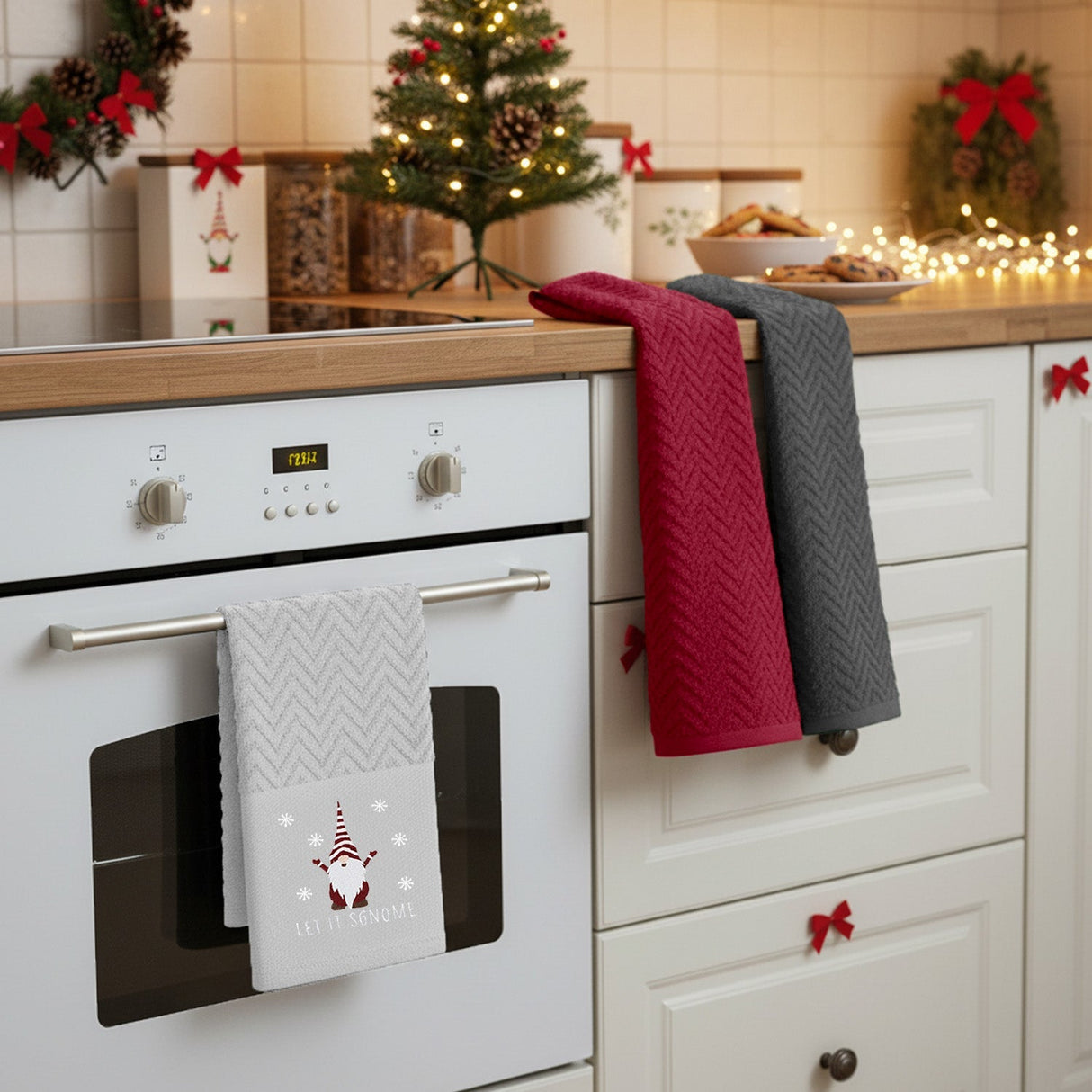 Velosso Xmas Gonks 3 Pack Cotton Christmas Embroidered Tea Towels