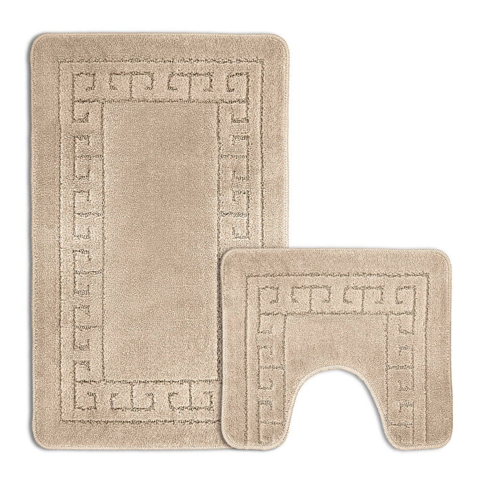 Greek Key Beige Bath & Pedestal Mat Set Anti-Slip Polypropylene