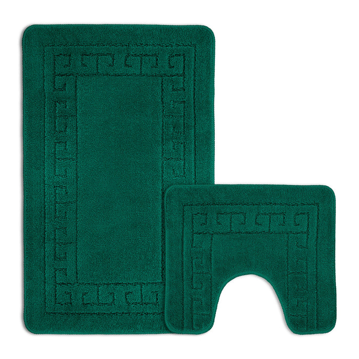 Greek Key Emerald Green Bath & Pedestal Mat Set Anti-Slip Polypropylene