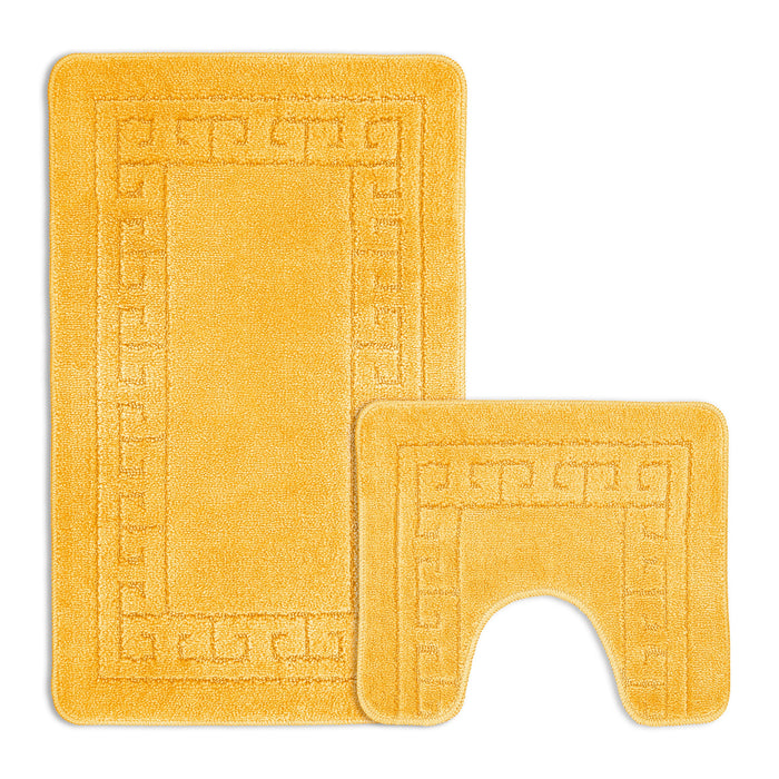 Greek Key Ochre Bath & Pedestal Mat Set Anti-Slip Polypropylene