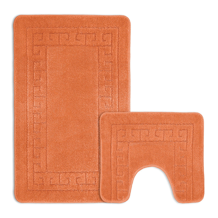 Greek Key Orange Bath & Pedestal Mat Set Anti-Slip Polypropylene