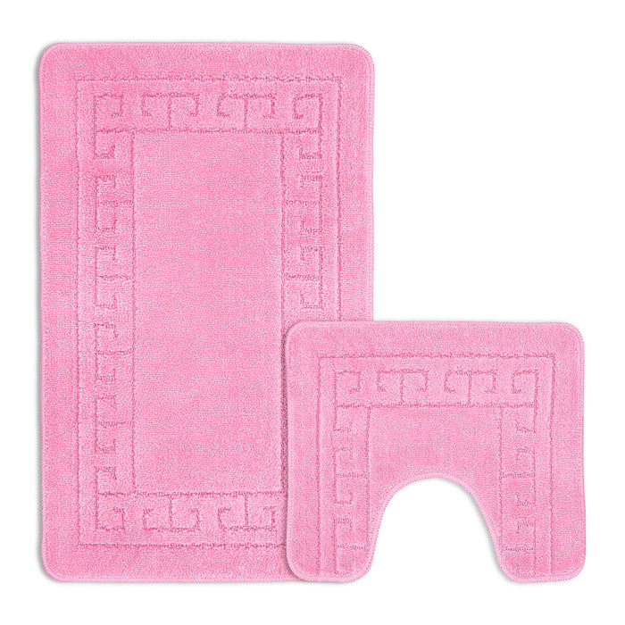 Greek Key Pink Bath & Pedestal Mat Set Anti-Slip Polypropylene