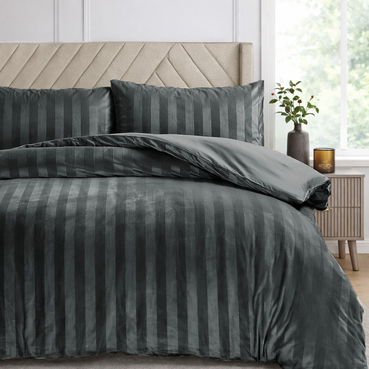 Velosso Oslo Luxury Velvet Stripe Duvet Cover and Pillowcase Set