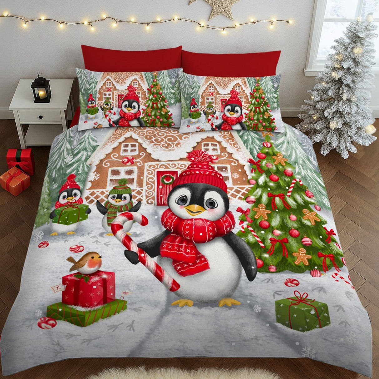 Velosso Sweet Penguin Candy Cane Duvet Cover and Pillowcase Set