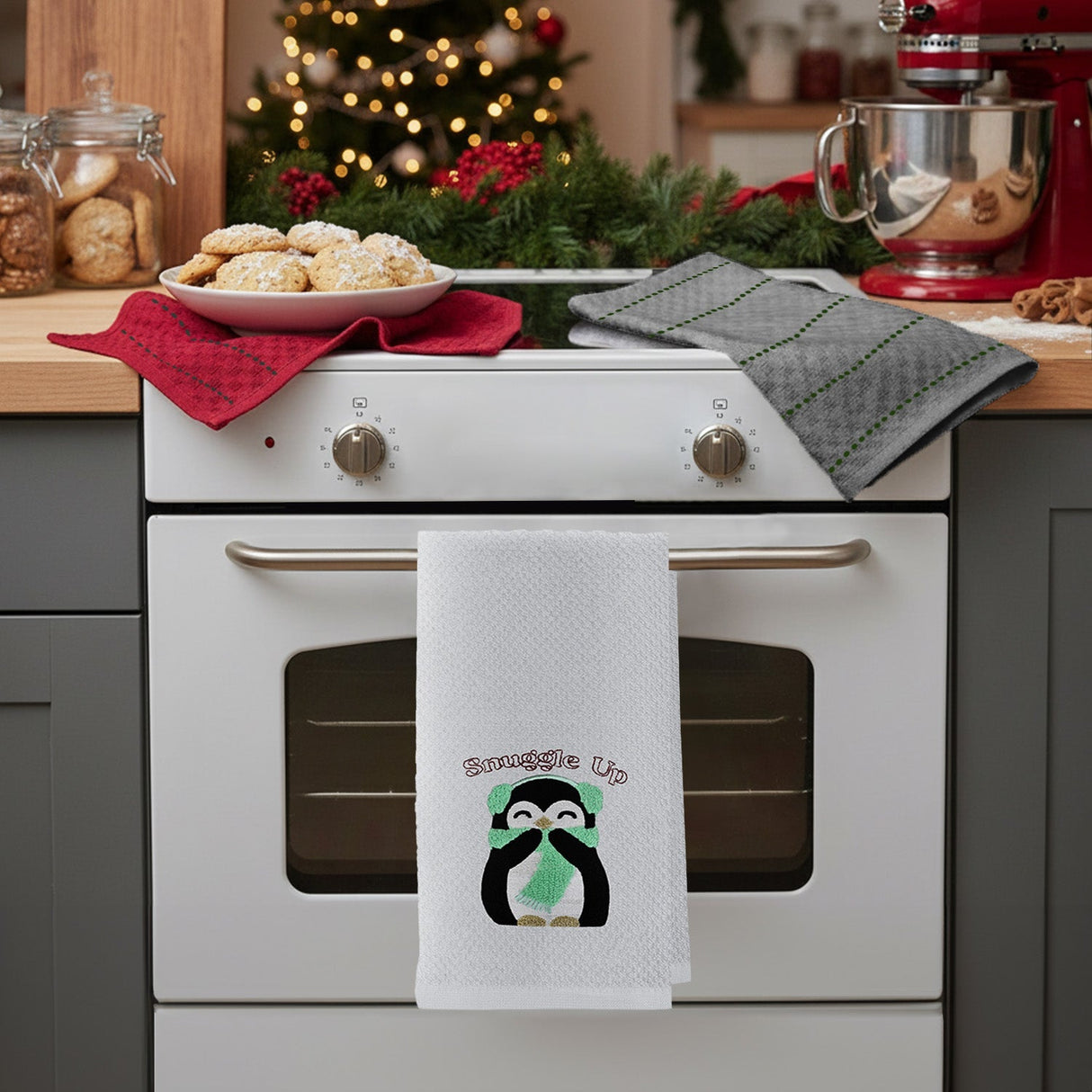 Velosso Penguins 3 Pack Cotton Christmas Embroidered Tea Towels