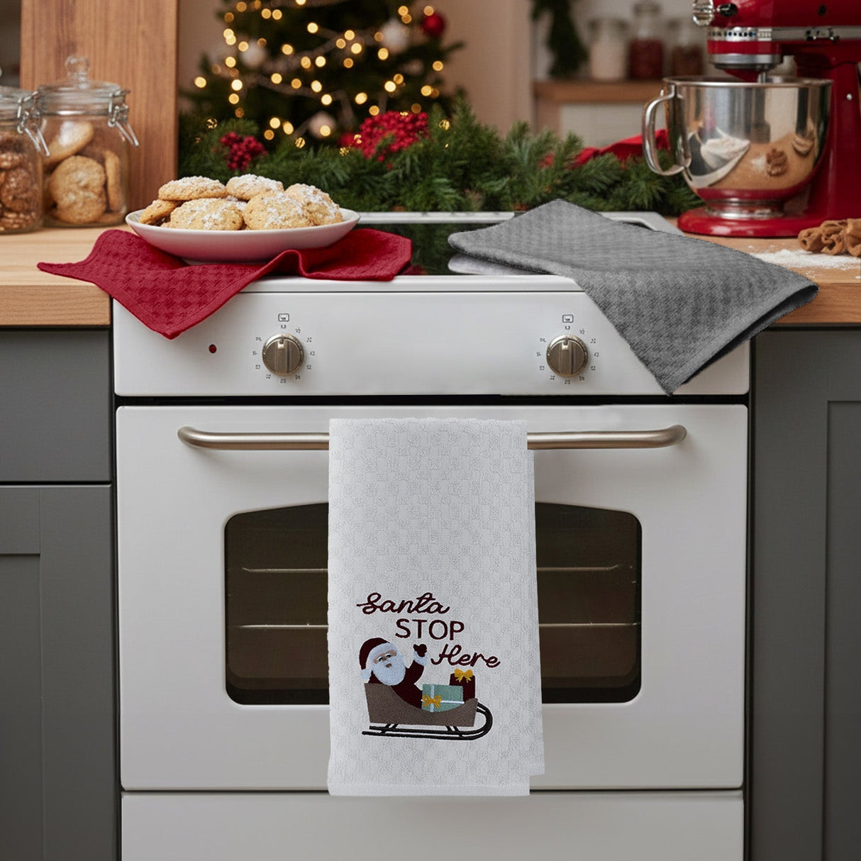Velosso Santa Stop 3 Pack Cotton Christmas Embroidered Tea Towels