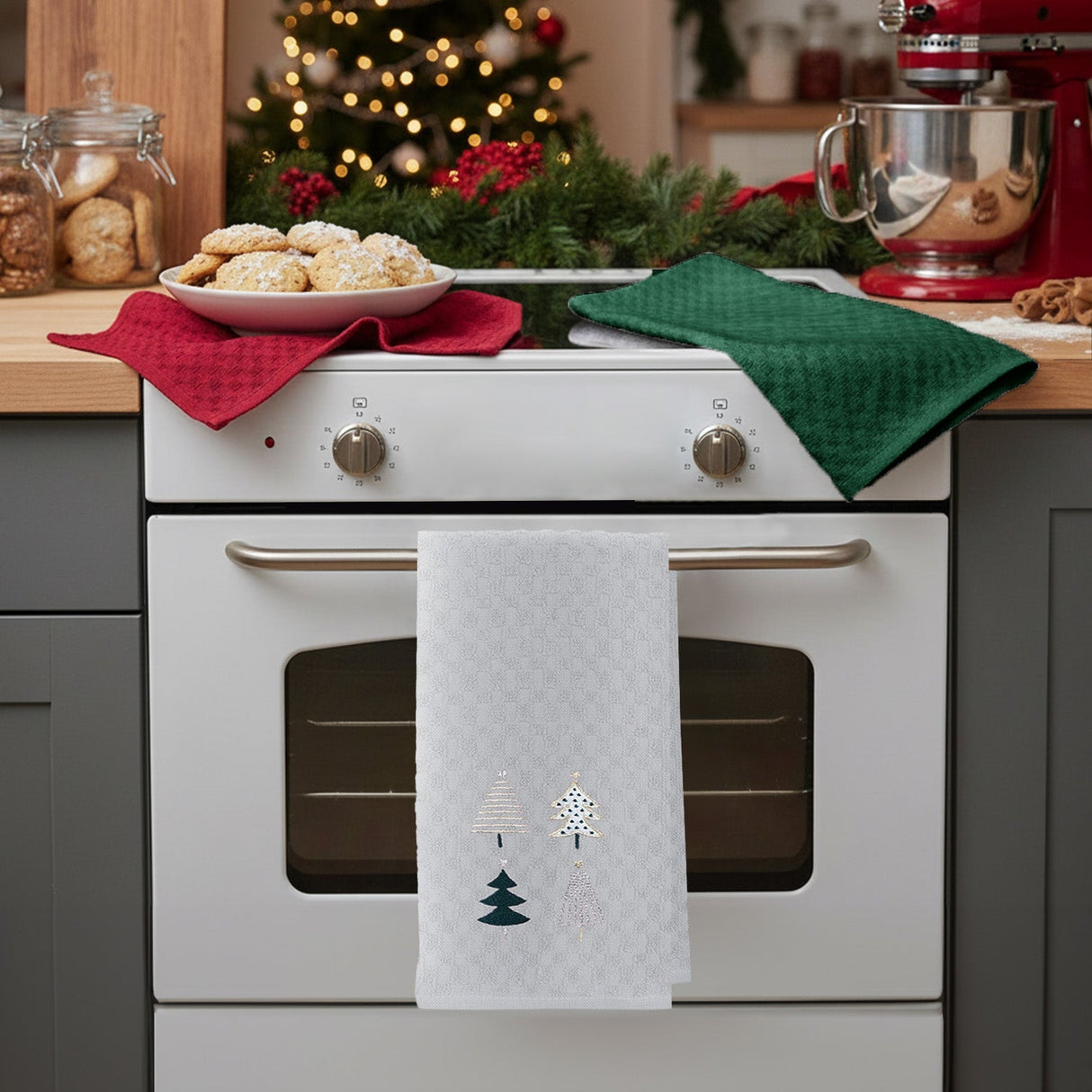Velosso Xmas Trees 3 Pack Cotton Christmas Embroidered Tea Towels