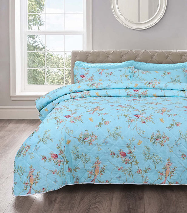 Reversible Delicate Duck Egg Birds Floral Bedspread Set