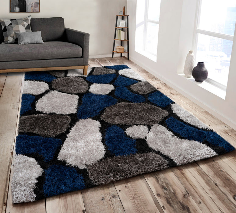 Pebbles Navy Blue 3D Carved Shaggy Floor Rug