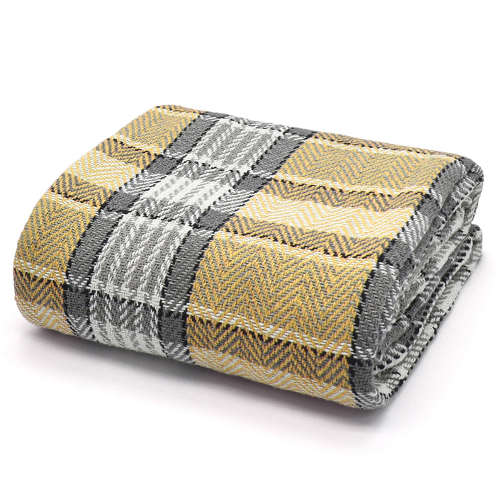 Luxury Cotton Bourbon Check Grey Ochre Tassel Throw