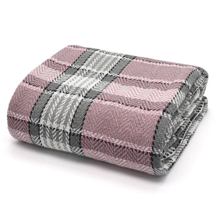 Luxury Cotton Bourbon Check Pink Grey Tassel Throw