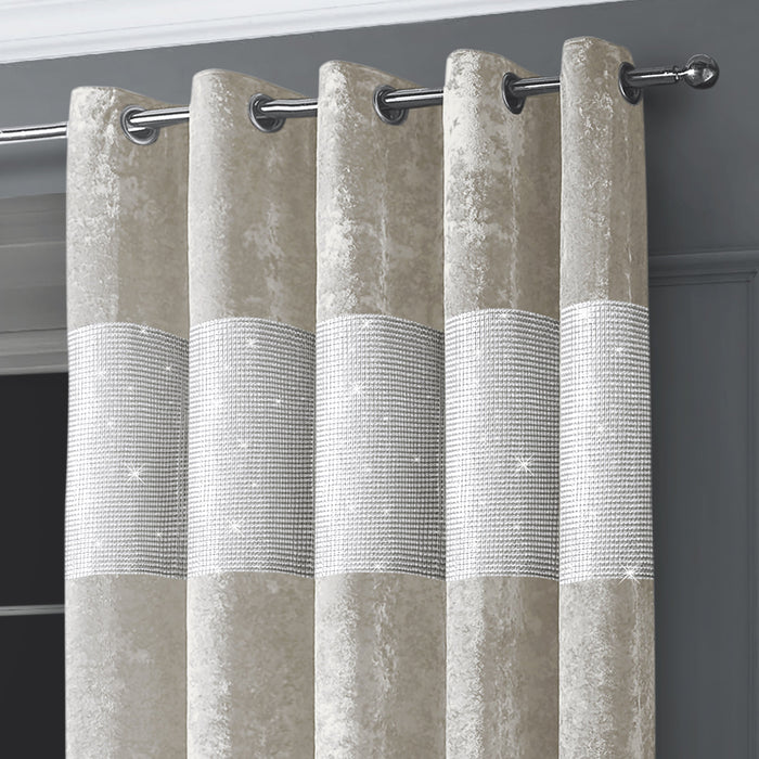 Diamante Crushed Velvet Cream Ready Made Eyelet Curtains
