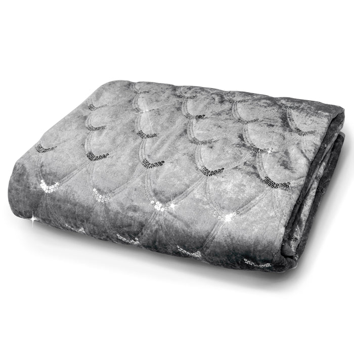 Luxury Crushed Velvet Sparkle Sequins Silver Throw