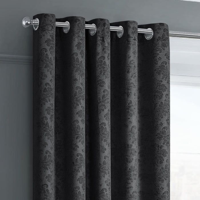 Damask Black Thermal Dimout Ready Made Eyelet Curtains