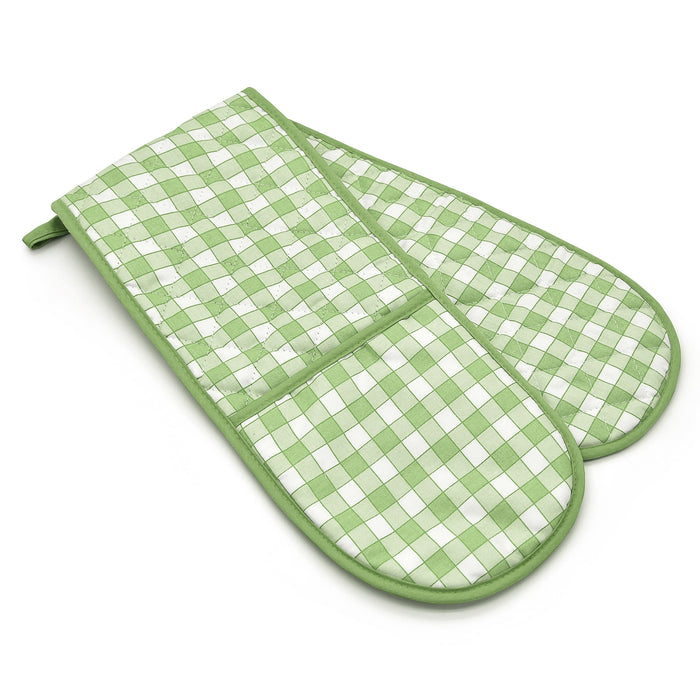 Gingham Check Cotton Double Oven Gloves Green