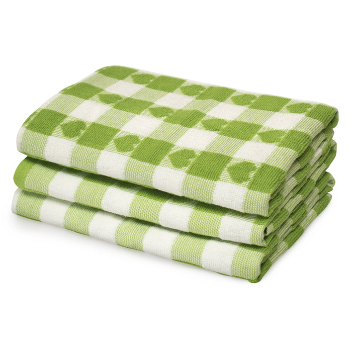 Hearts Lime Green Check Tea Towel