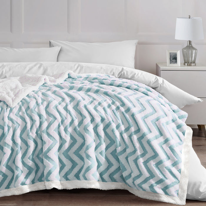 Duck Egg Jacquard Chevron Sherpa Fleece Throw