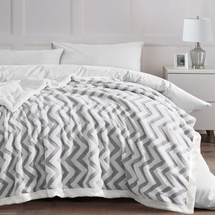 Grey Jacquard Chevron Sherpa Fleece Throw