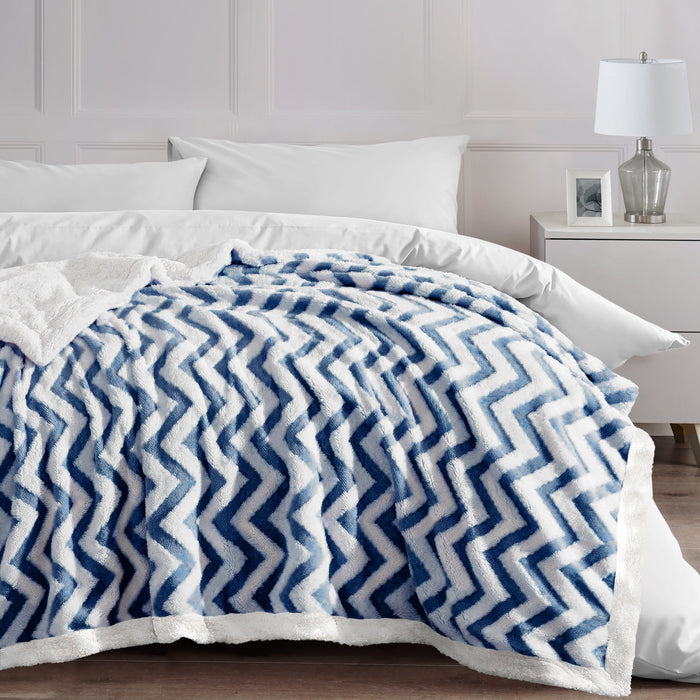 Velosso Navy Jacquard Chevron Sherpa Fleece Throw