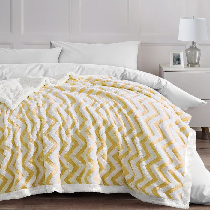 Velosso Ochre Jacquard Chevron Sherpa Fleece Throw