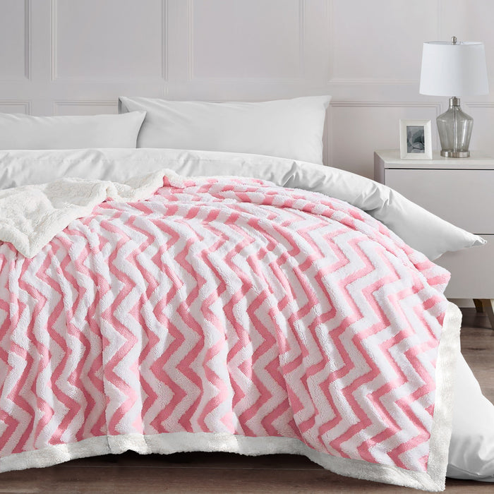 Velosso Pink Jacquard Chevron Sherpa Fleece Throw