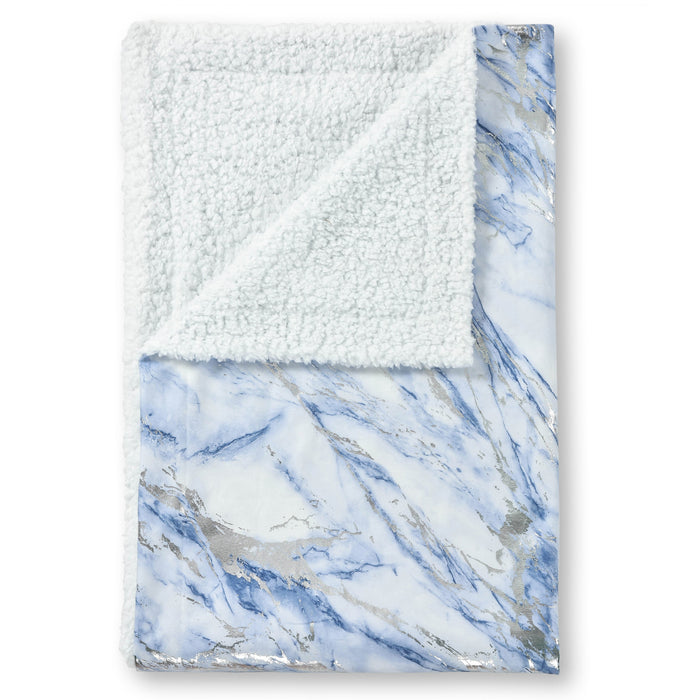 Metallic Foil Blue Marble Sherpa Silver Throw