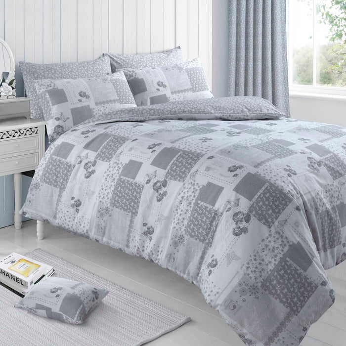 Maya Floral Patchwork Grey Duvet Cover & Pillowcase Set