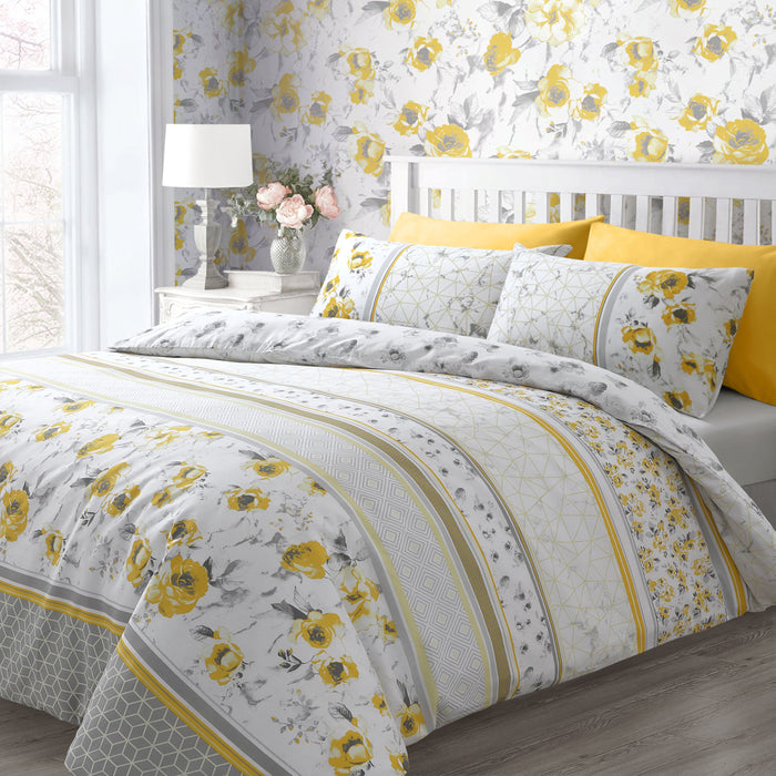 Memphis Floral Geometric Ochre Grey Reversible Duvet Cover & Pillowcase Set