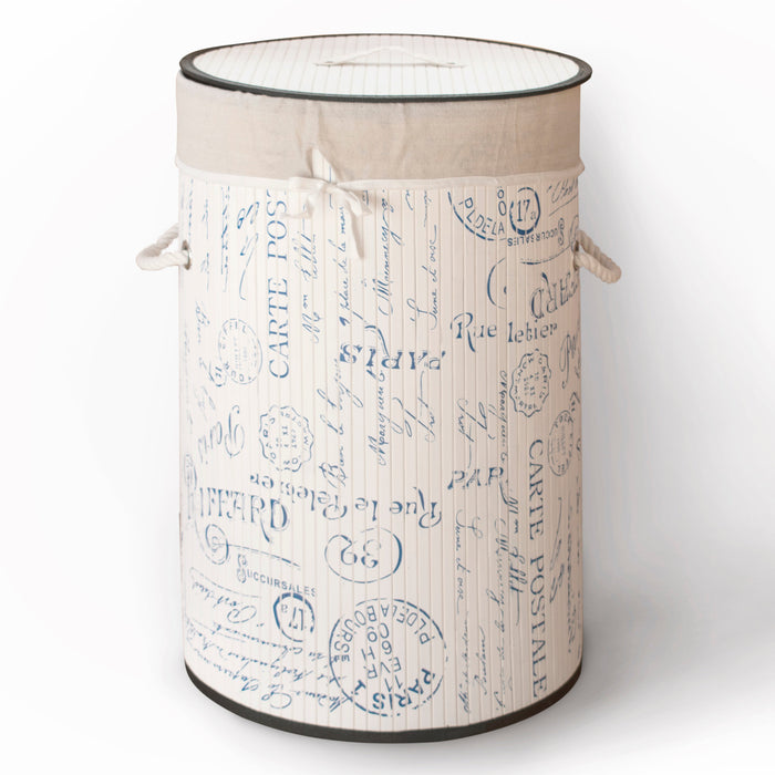 Bamboo Round White Laundry Basket