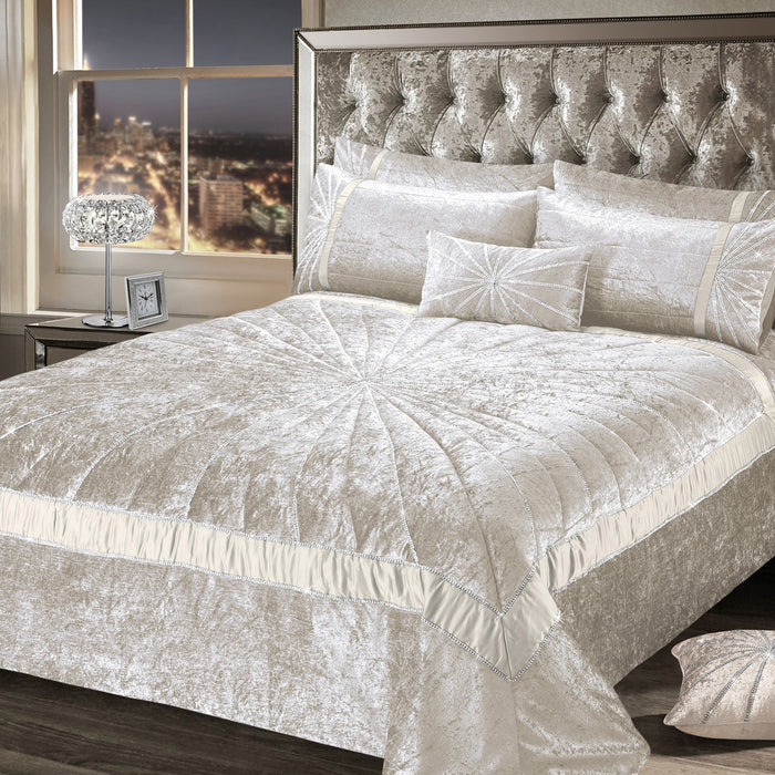 Starburst Crushed Velvet Diamante Cream Quilted Bedspread