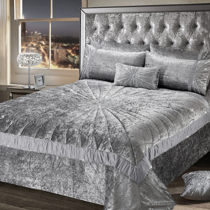 Starburst Crushed Velvet Diamante Silver Quilted Bedspread