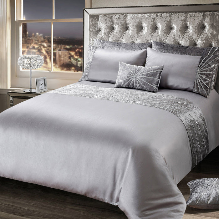 Diamante Starburst Crushed Velvet Silver Duvet Cover & Pillowcase Set