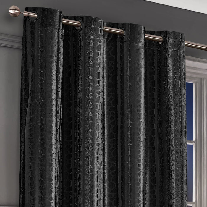 Verity Black Crushed Velvet Ready Made Embossed Curtains