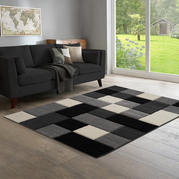 Dexter Grey Carved Geometric Blocks Floor Rug