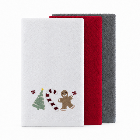Velosso Sweet Shop 3 Pack Cotton Christmas Embroidered Tea Towels