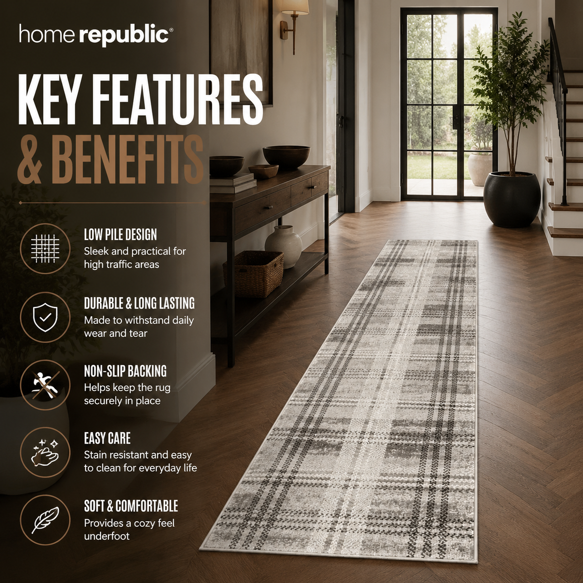 Home Republic Tartan Check Runner Low Pile