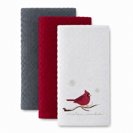 Velosso Robin 3 Pack Cotton Christmas Embroidered Tea Towels