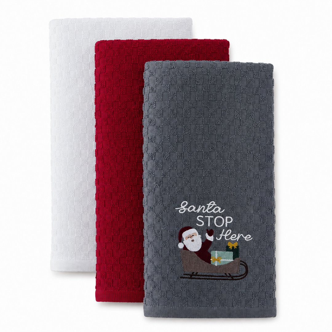 Velosso Santa Stop 3 Pack Cotton Christmas Embroidered Tea Towels