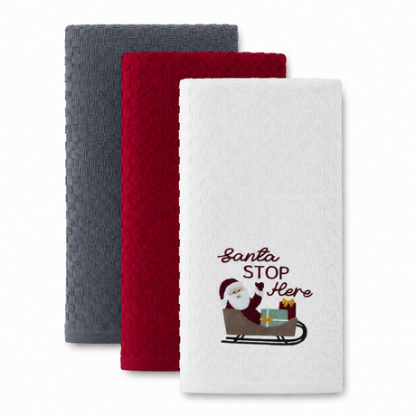 Velosso Santa Stop 3 Pack Cotton Christmas Embroidered Tea Towels