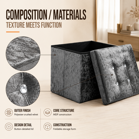 Home Republic Foldable Crushed Velvet Storage Ottoman