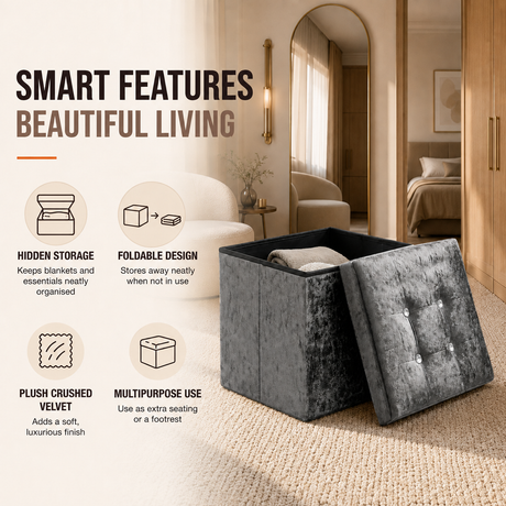 Home Republic Foldable Crushed Velvet Storage Ottoman