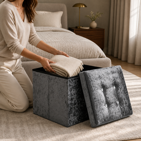 Home Republic Foldable Crushed Velvet Storage Ottoman