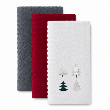 Velosso Xmas Trees 3 Pack Cotton Christmas Embroidered Tea Towels