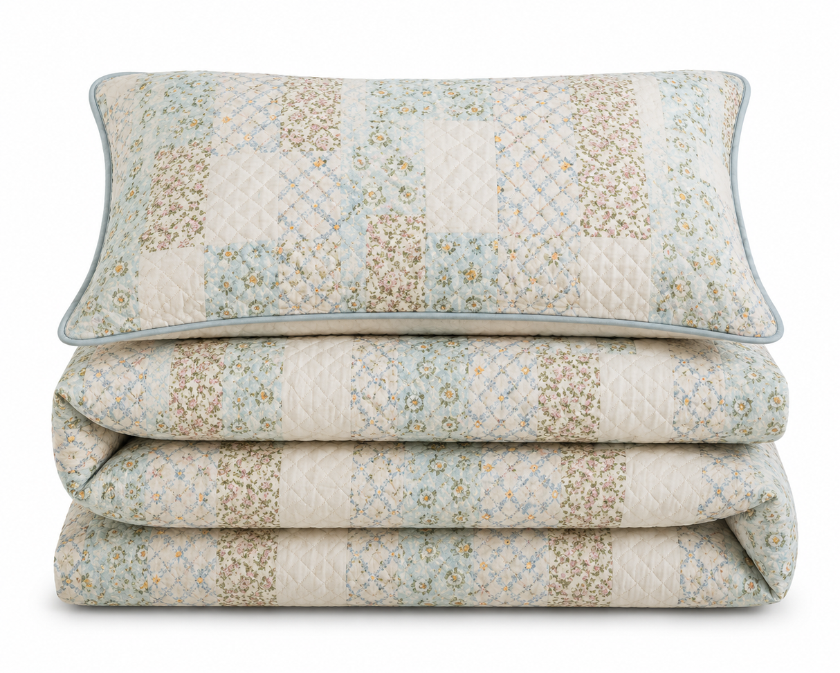 Florelle Floral Patchwork Printed Embossed Duvet Cover and Pillowcase Set